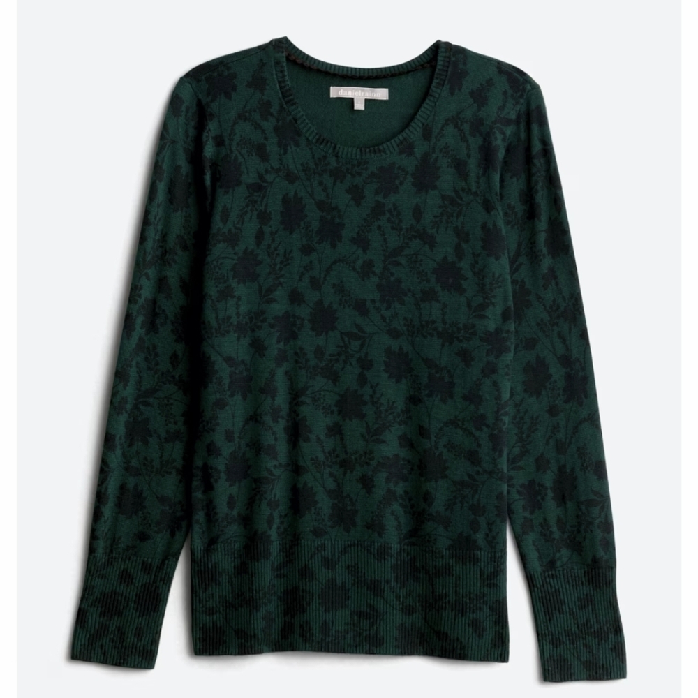 Daniel Rainn Cusper Mini Puff Sleeve Floral Sweater Medium Hunter Green EUC